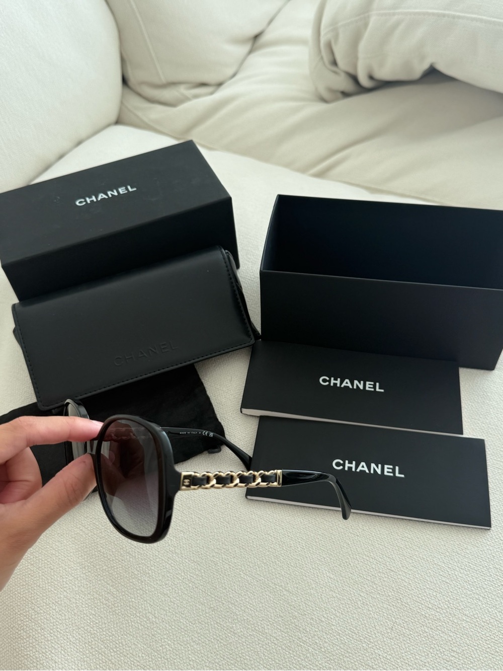 CHANEL SQUARE SUNGLASSES BLACK AND GOLD INCLUDES BOX